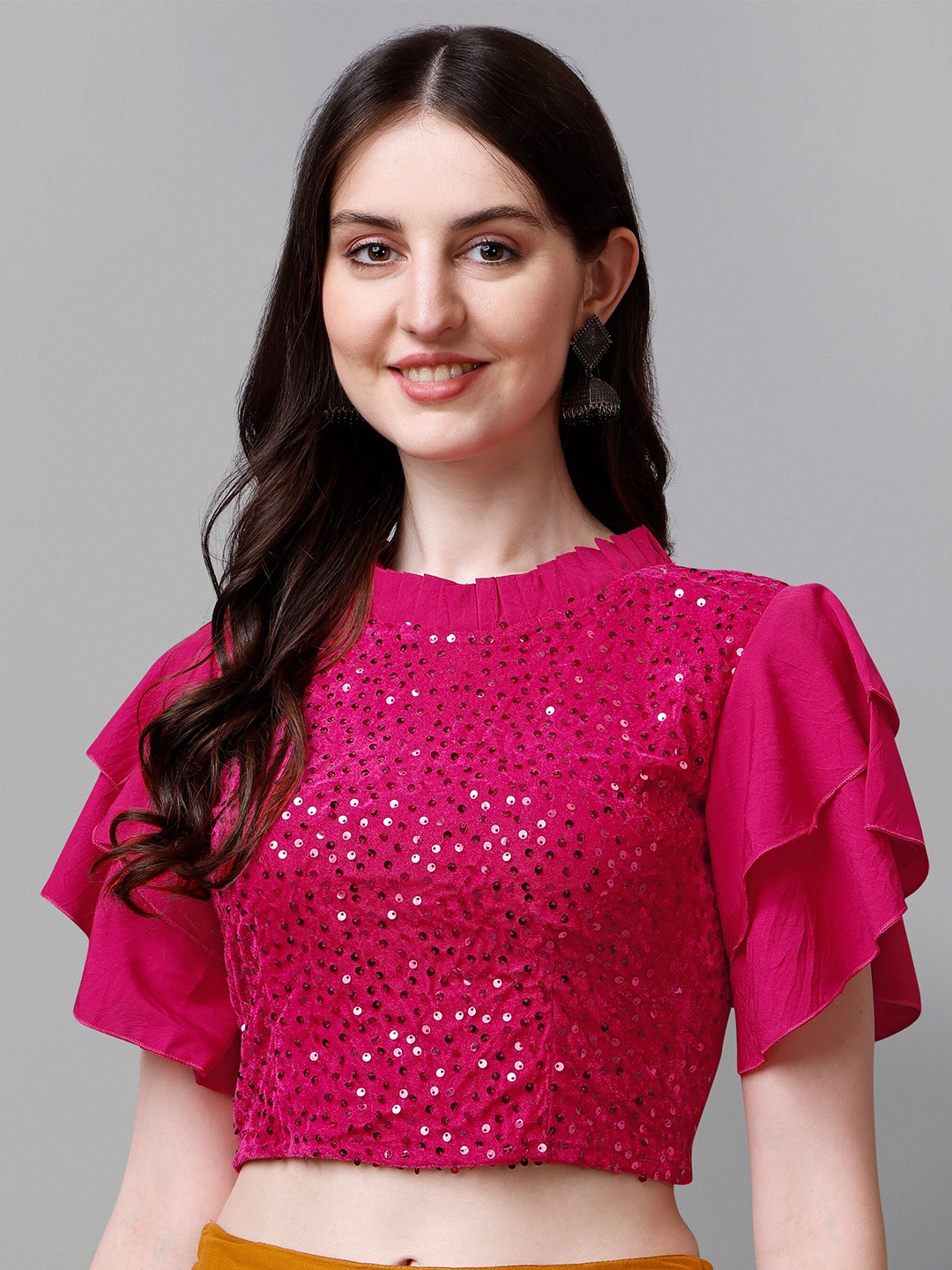 

DL Fashion Embellished Flutter Sleeve Crop Top, Pink