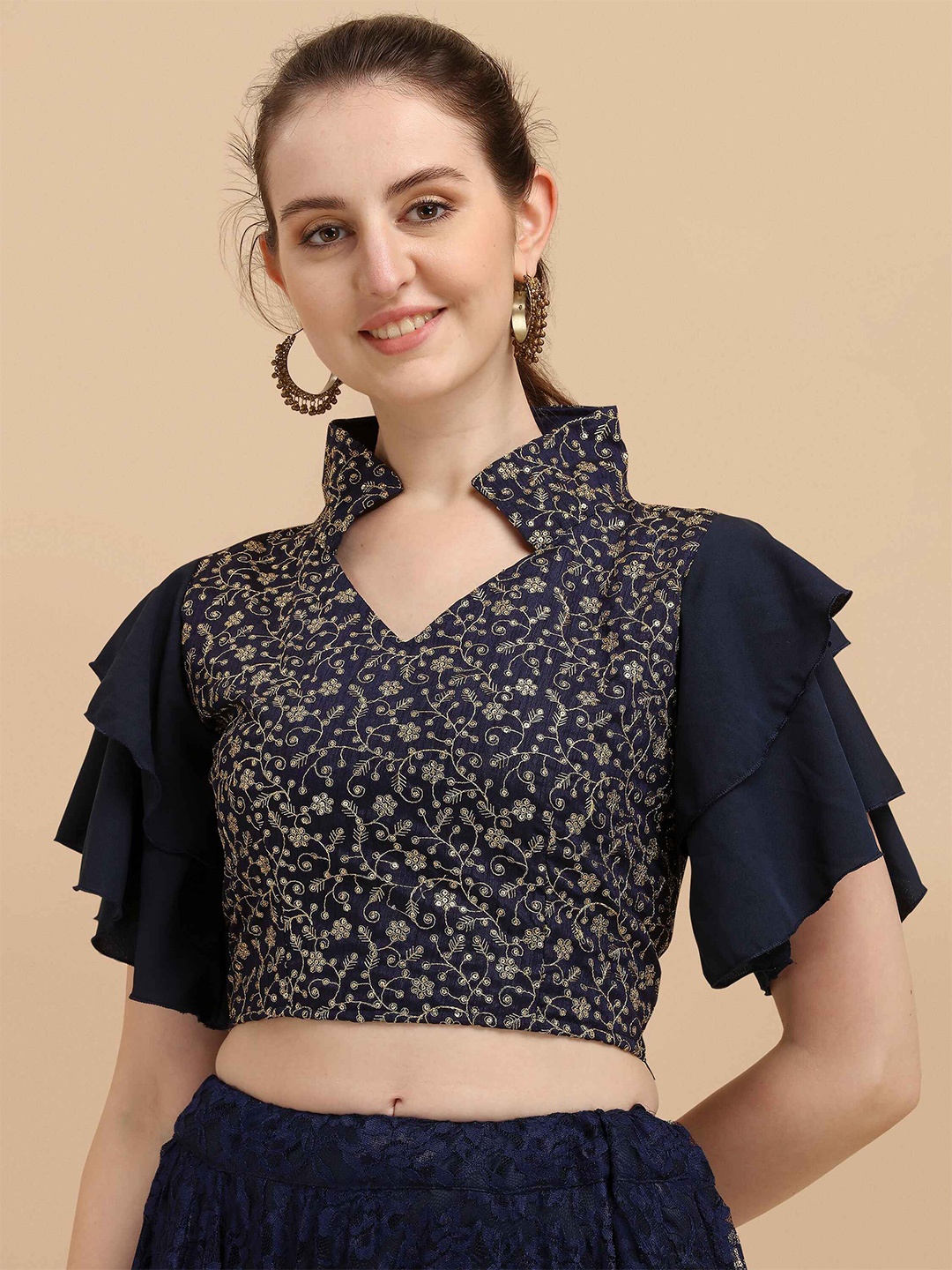 

DL Fashion Floral Print Flutter Sleeve Indigo Crop Top, Blue