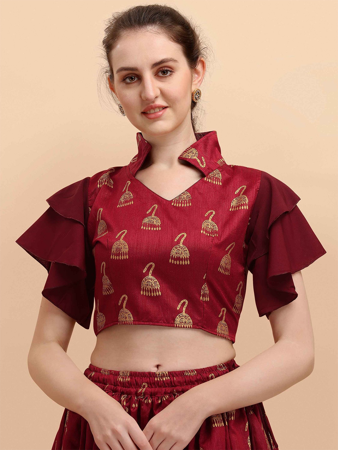 

DL Fashion Ethnic Motifs Print Flared Sleeve Crop Top, Maroon