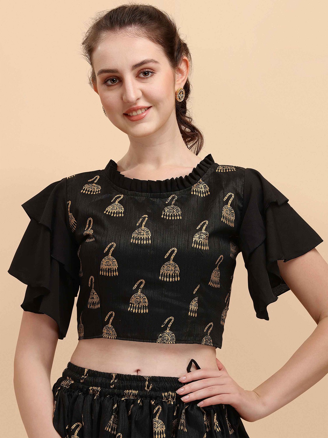 

DL Fashion Ethnic Printed Flutter Sleeve Crop Regular Top, Black