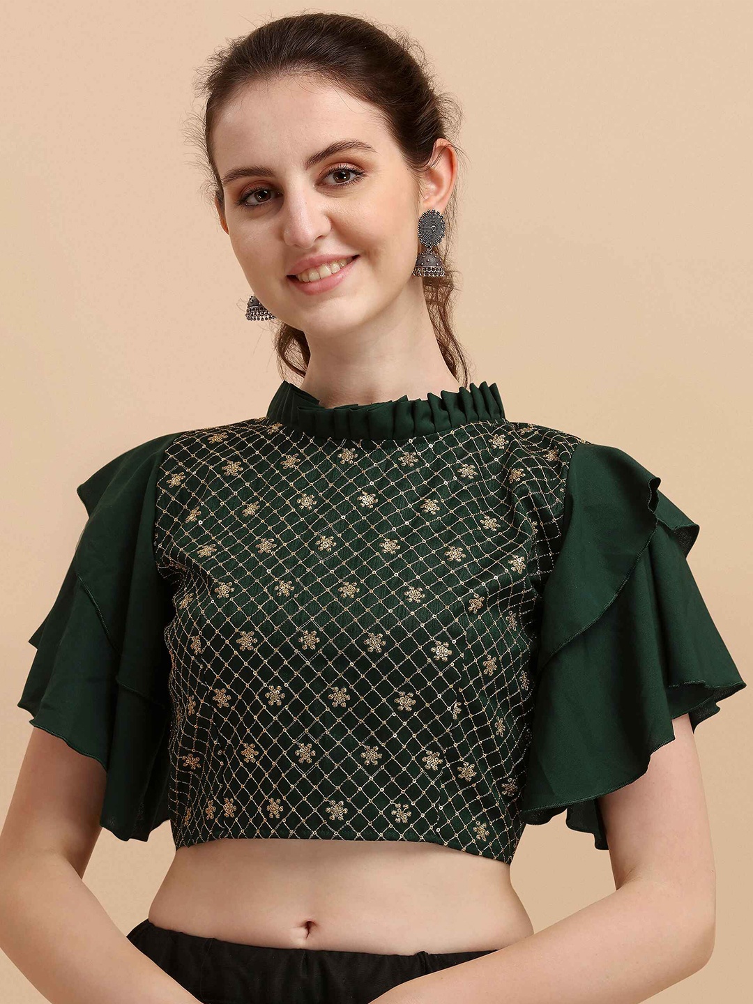 

DL Fashion Floral Embroidered Sequinned Flutter Sleeve Crop Top, Green