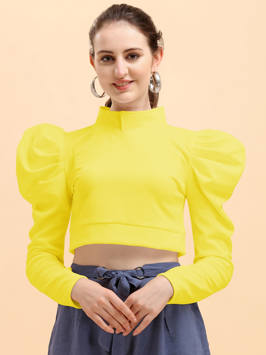 

DL Fashion High Neck Puff Sleeve Crop Top, Yellow