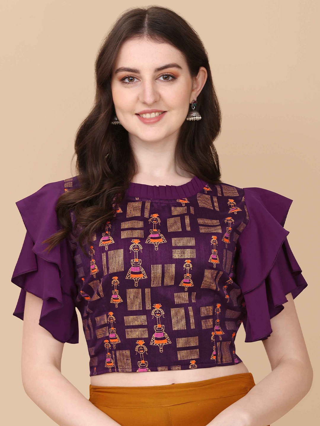 

DL Fashion Geometric Printed Flutter Sleeve Crop Top, Purple
