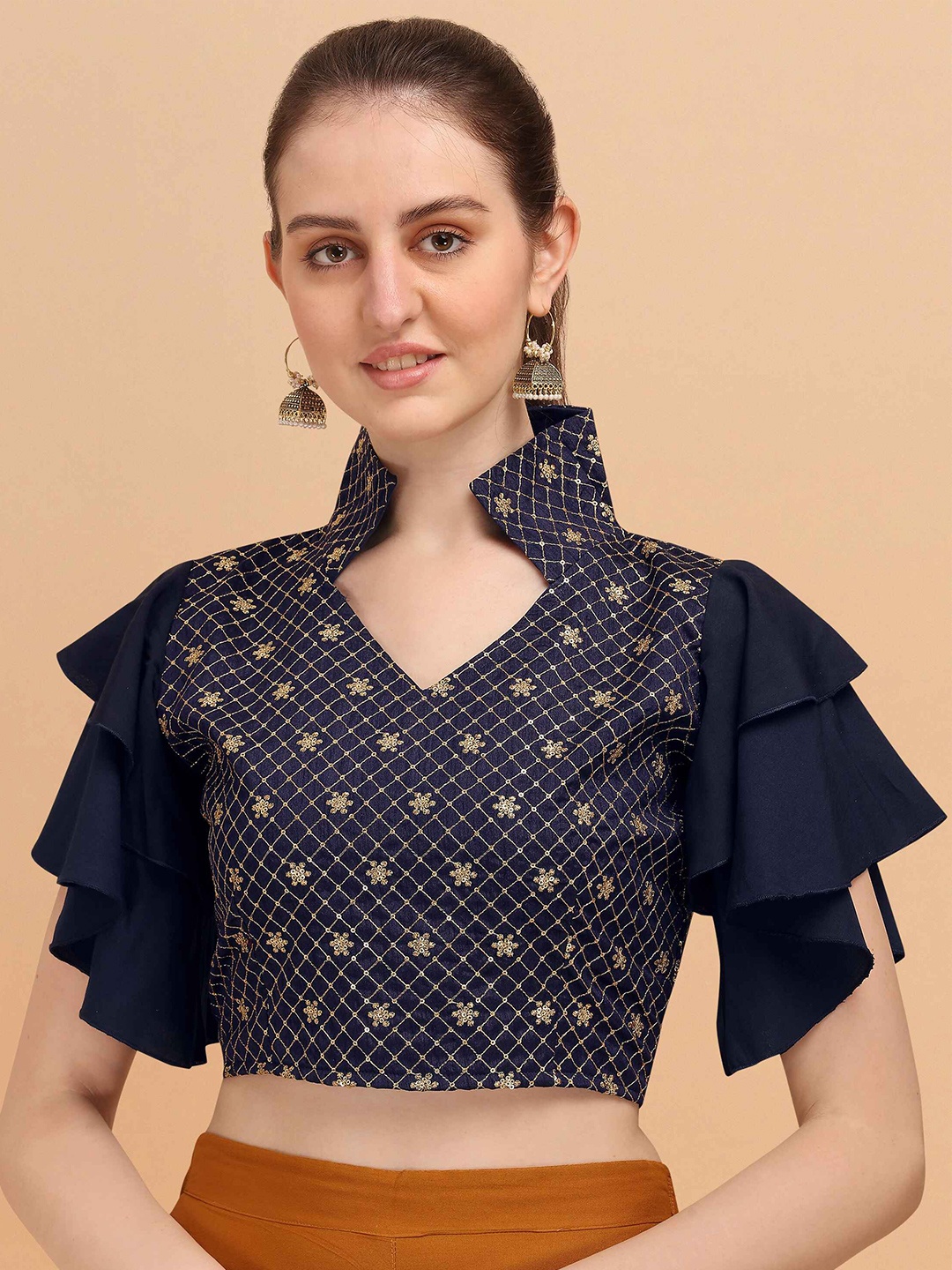 

DL Fashion Ethnic motifs Embroidered Flutter Sleeve Crop Top, Navy blue