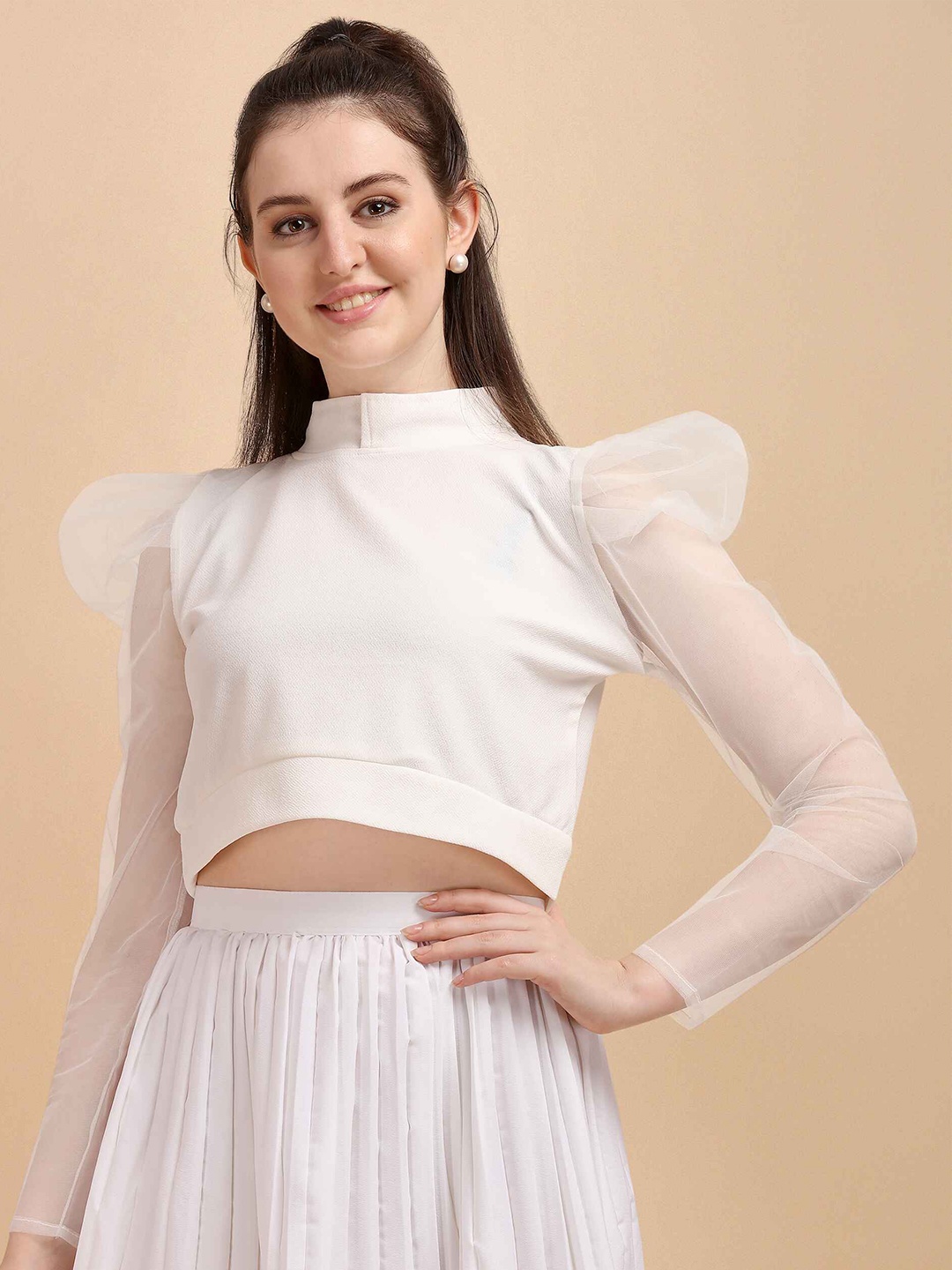 

DL Fashion High Neck Puff Sleeves Crop Top, White