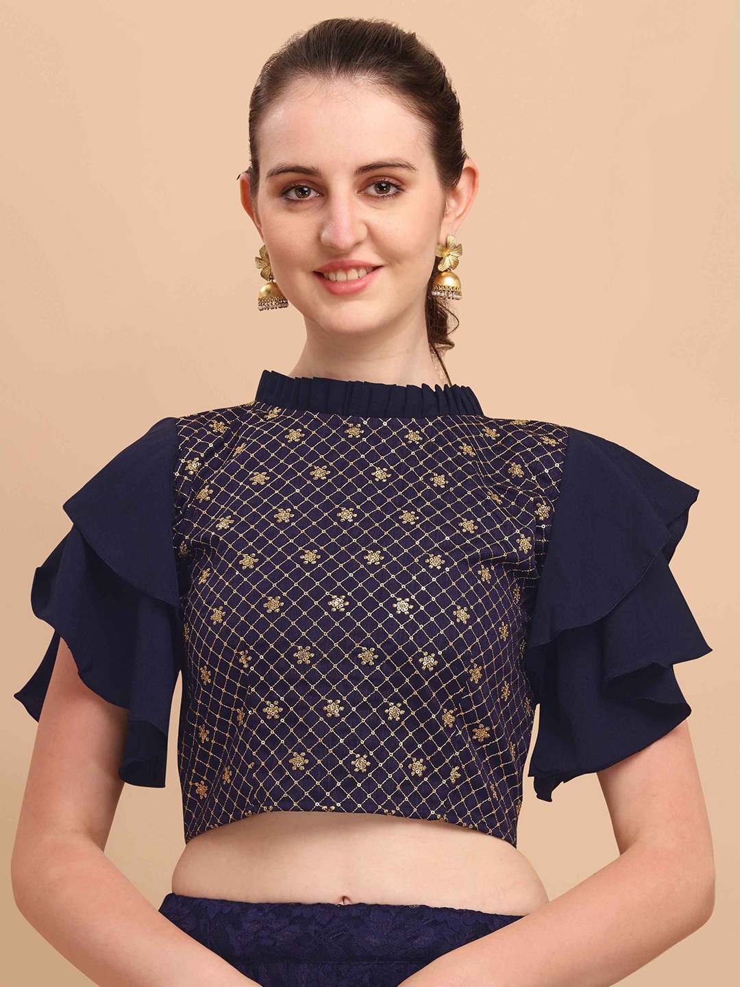 

DL Fashion Embellished Flared Sleeves Crop Top, Navy blue