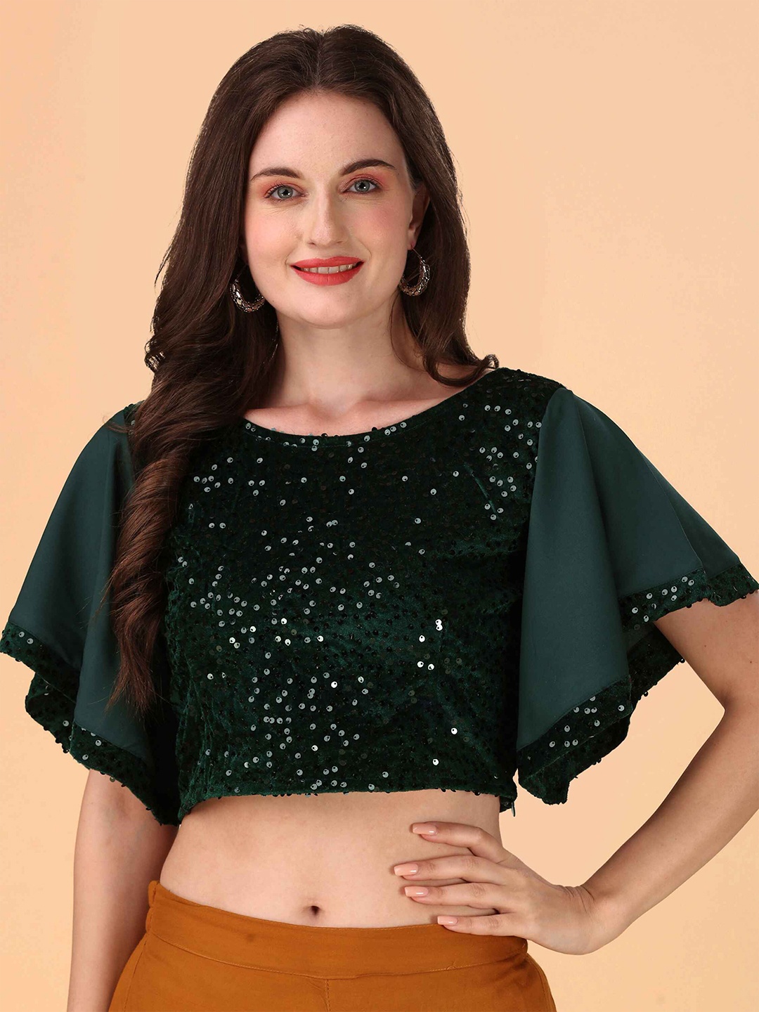 

DL Fashion Sequin Embellished Flared Sleeves Crop Top, Green