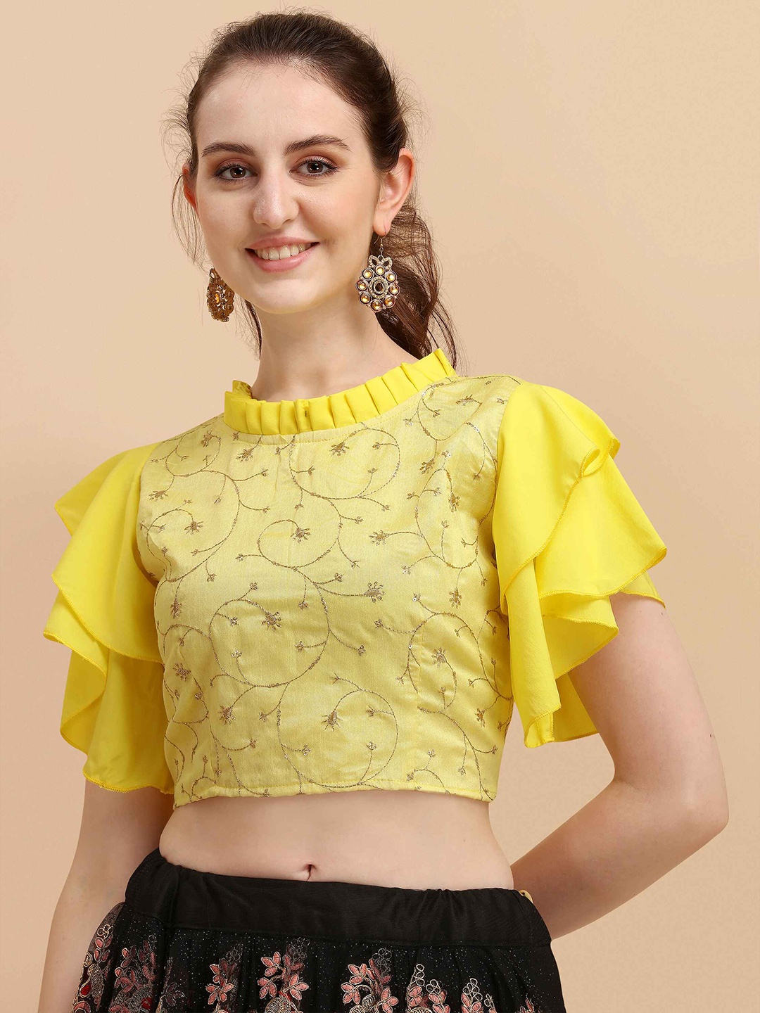 

DL Fashion Floral Embroidered Flutter Sleeve Ruffle Crop Top, Yellow
