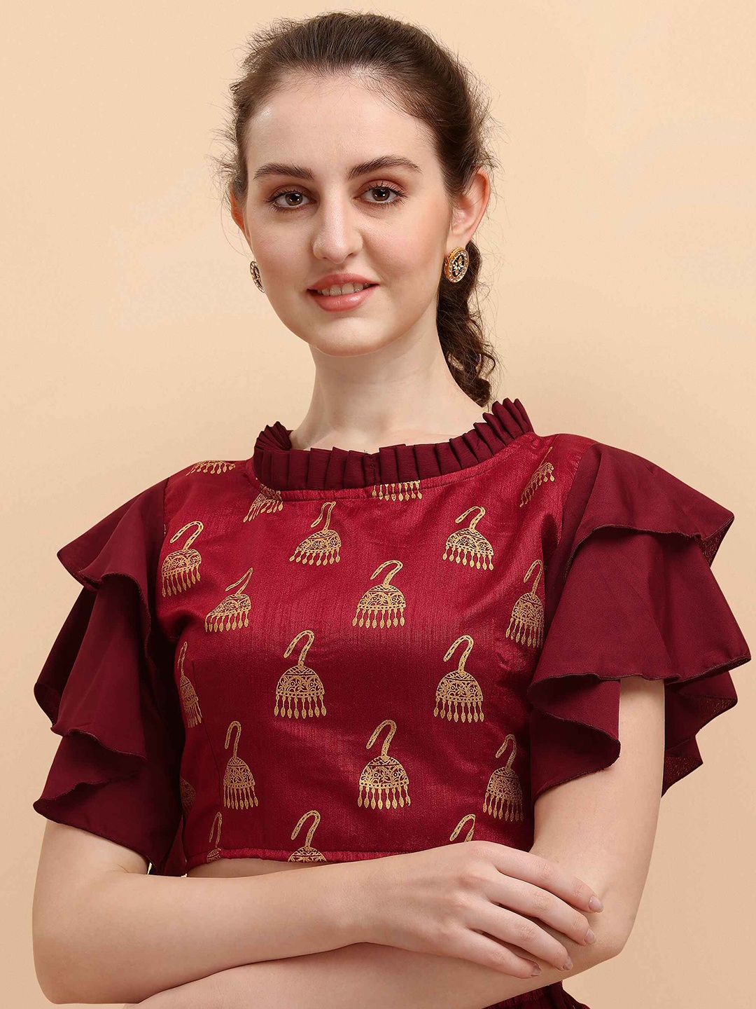

DL Fashion Ethnic Motifs Printed Flutter Sleeve Crop Top, Maroon
