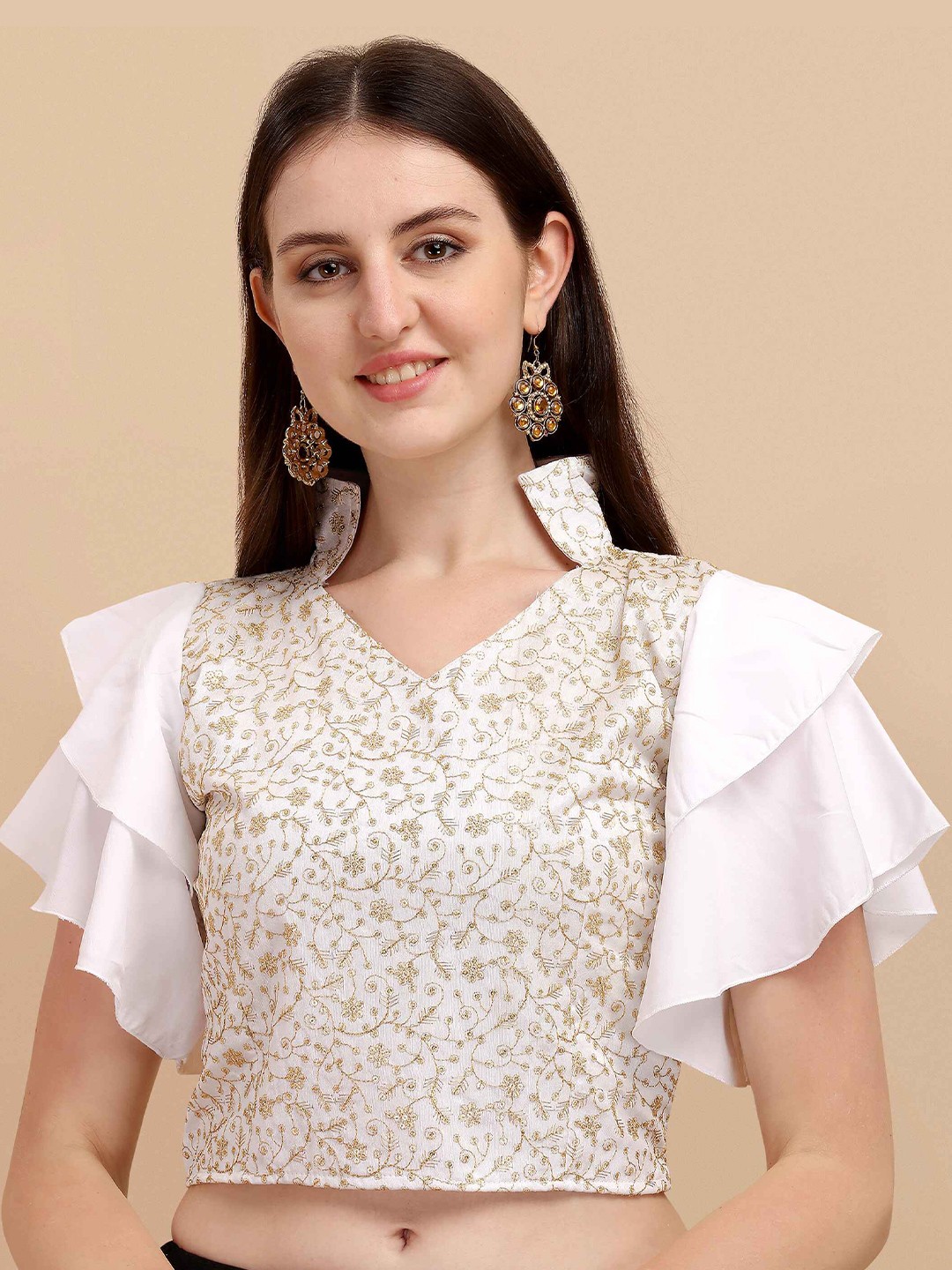 

DL Fashion Floral Embroidered Sequinned Flutter Sleeve Indigo Crop Top, White