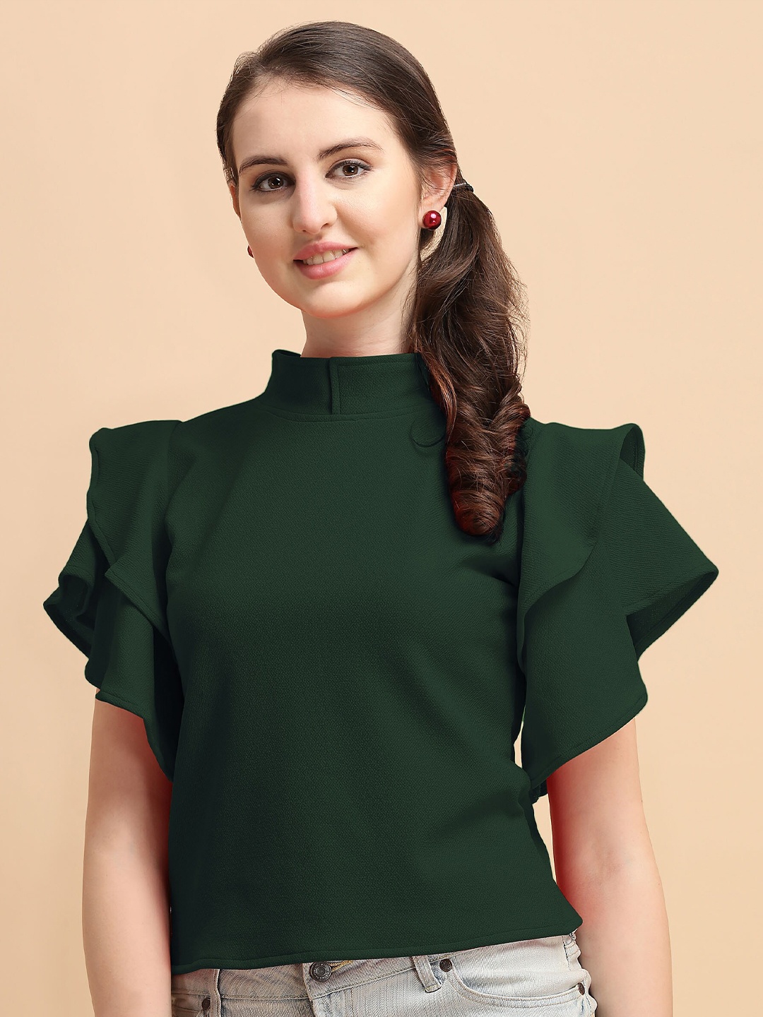 

DL Fashion High Neck Flutter Sleeve Top, Green