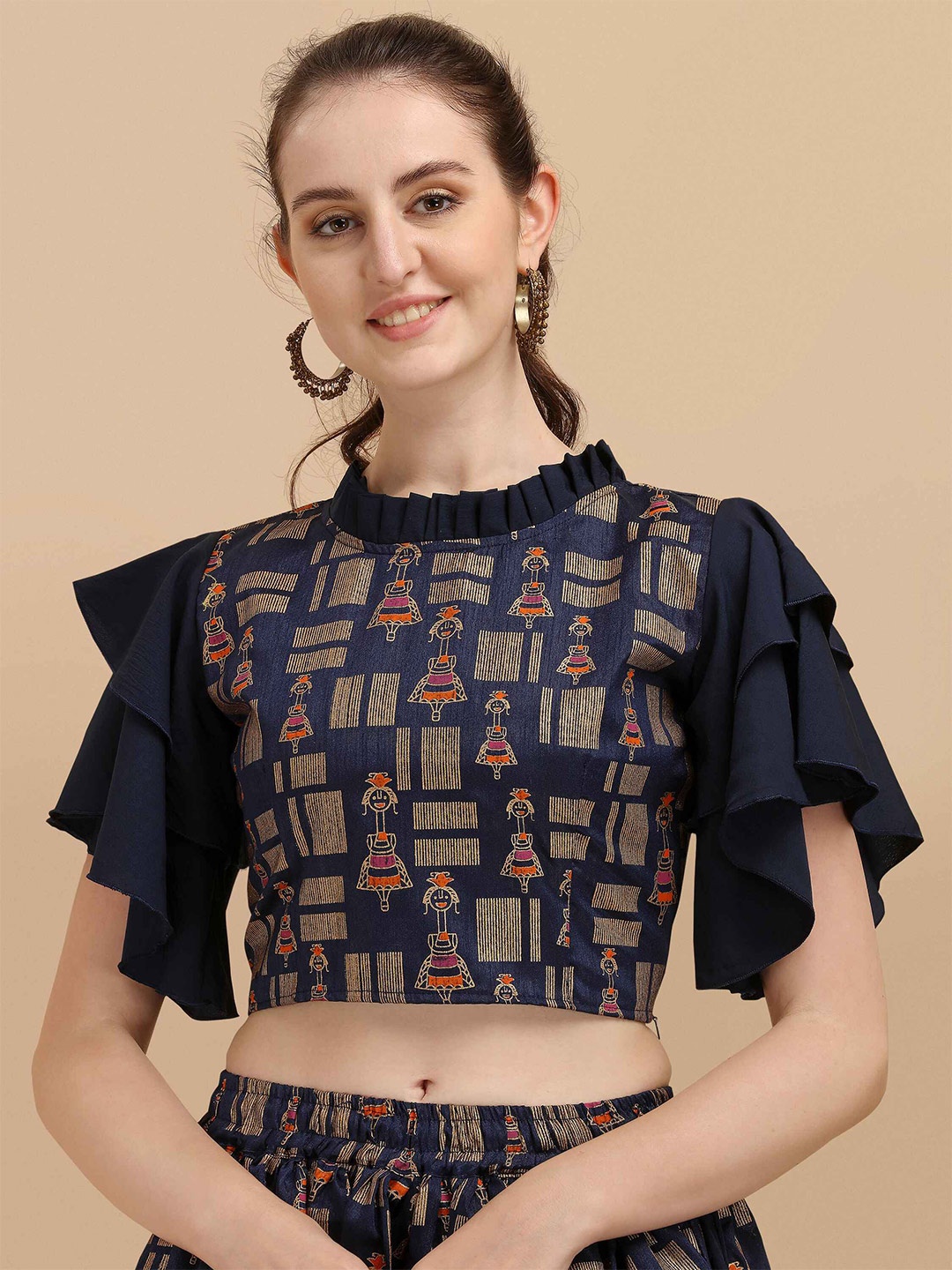 

DL Fashion Geometric Printed Flutter Sleeve Crop Top, Blue