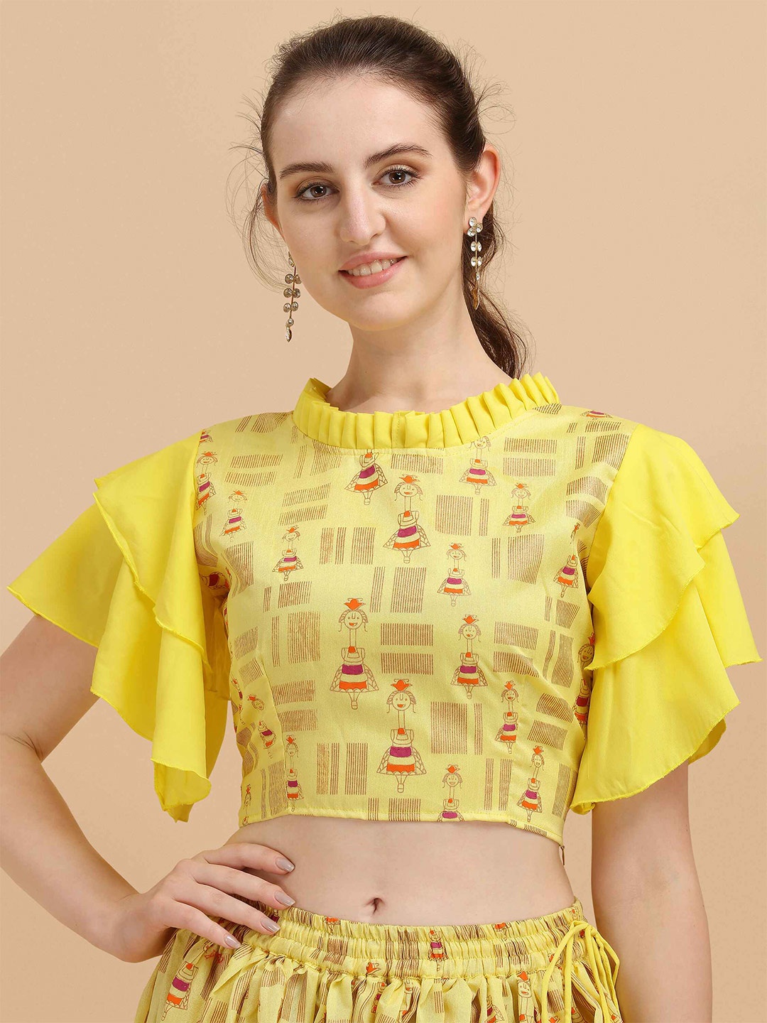 

DL Fashion Printed Flutter Sleeves Regular Crop Top, Yellow