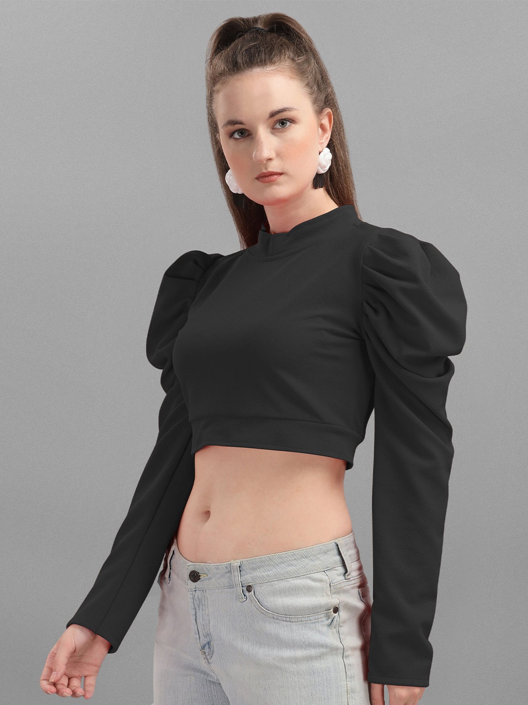 

DL Fashion Puff Sleeve Regular Crop Top, Black