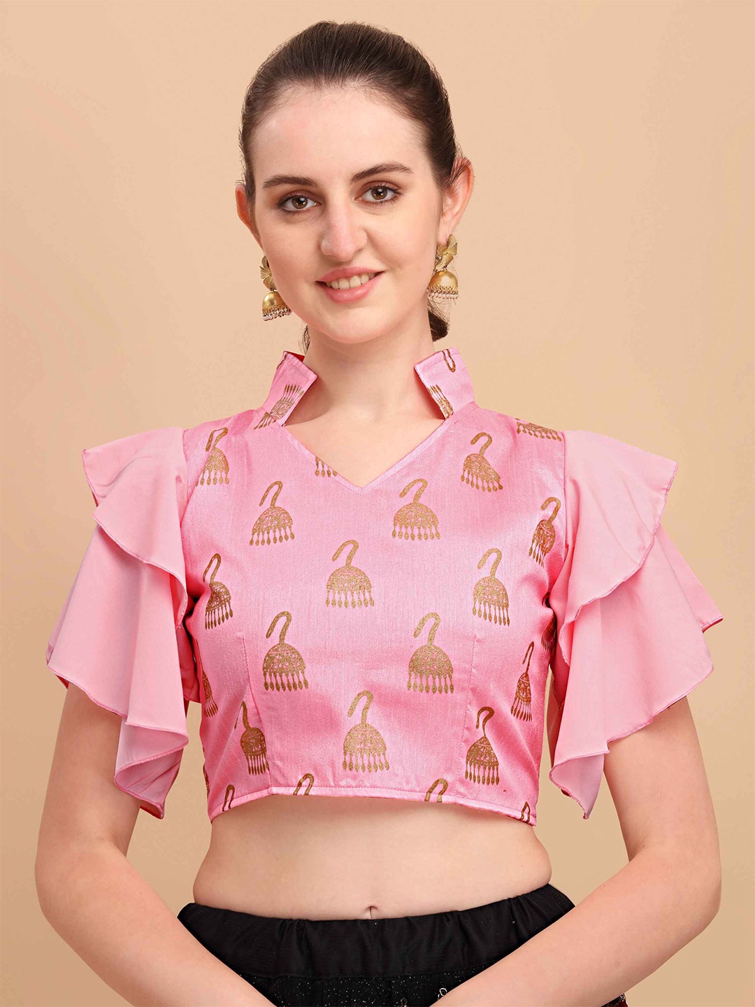 

DL Fashion Printed Flutter Sleeves Crop Top, Pink