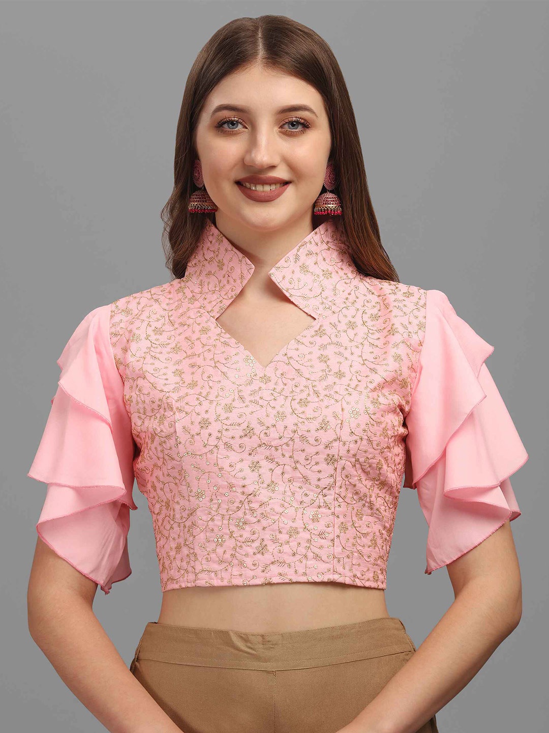 

DL Fashion Embellished Flared Sleeves Crop Top, Pink