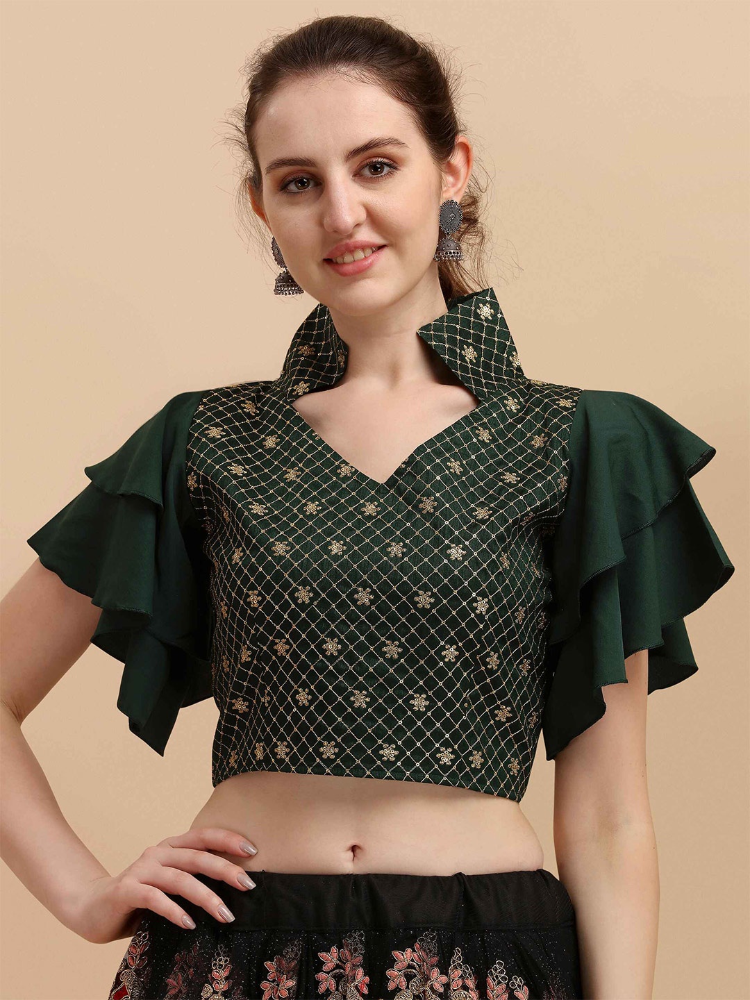 

DL Fashion Geometric Print Flutter Sleeve Crop Top, Green