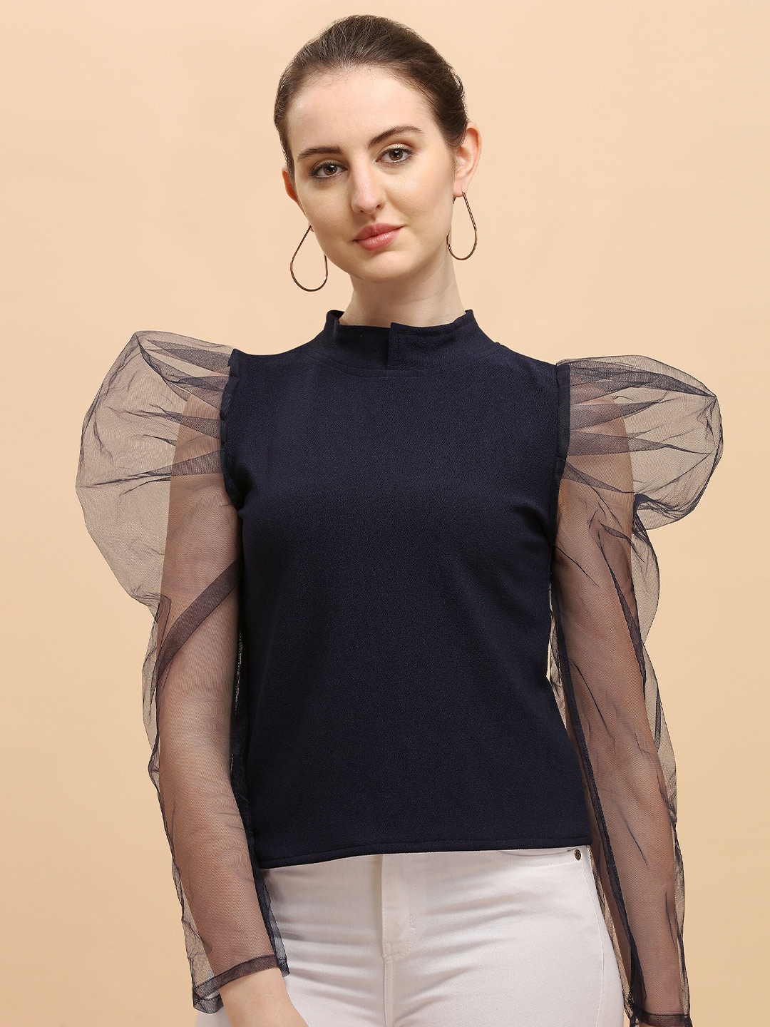 

DL Fashion High Neck Puff Sleeve Top, Navy blue