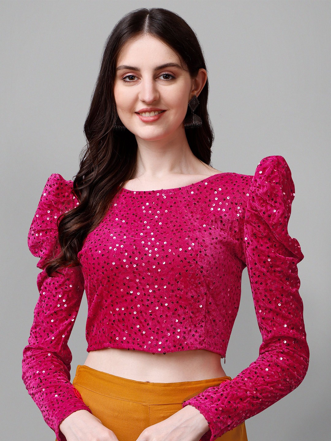

DL Fashion Embellished Puff Sleeve Crop Regular Top, Pink