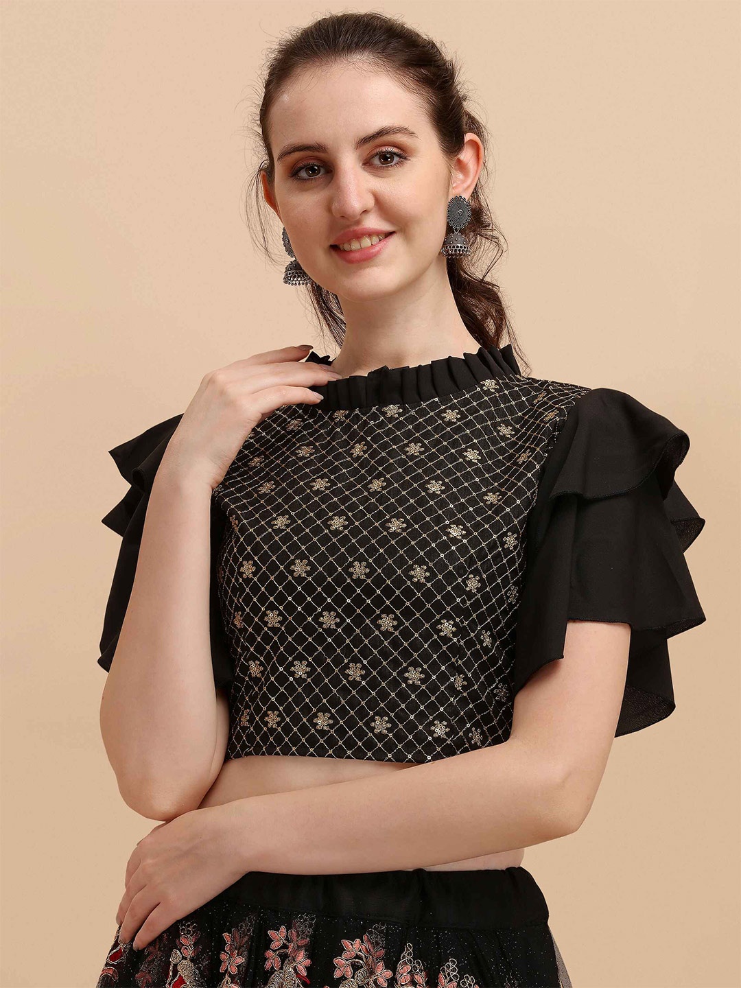 

DL Fashion Ethnic Motifs Sequinned Embroidered Flutter Sleeve Crop Top, Black
