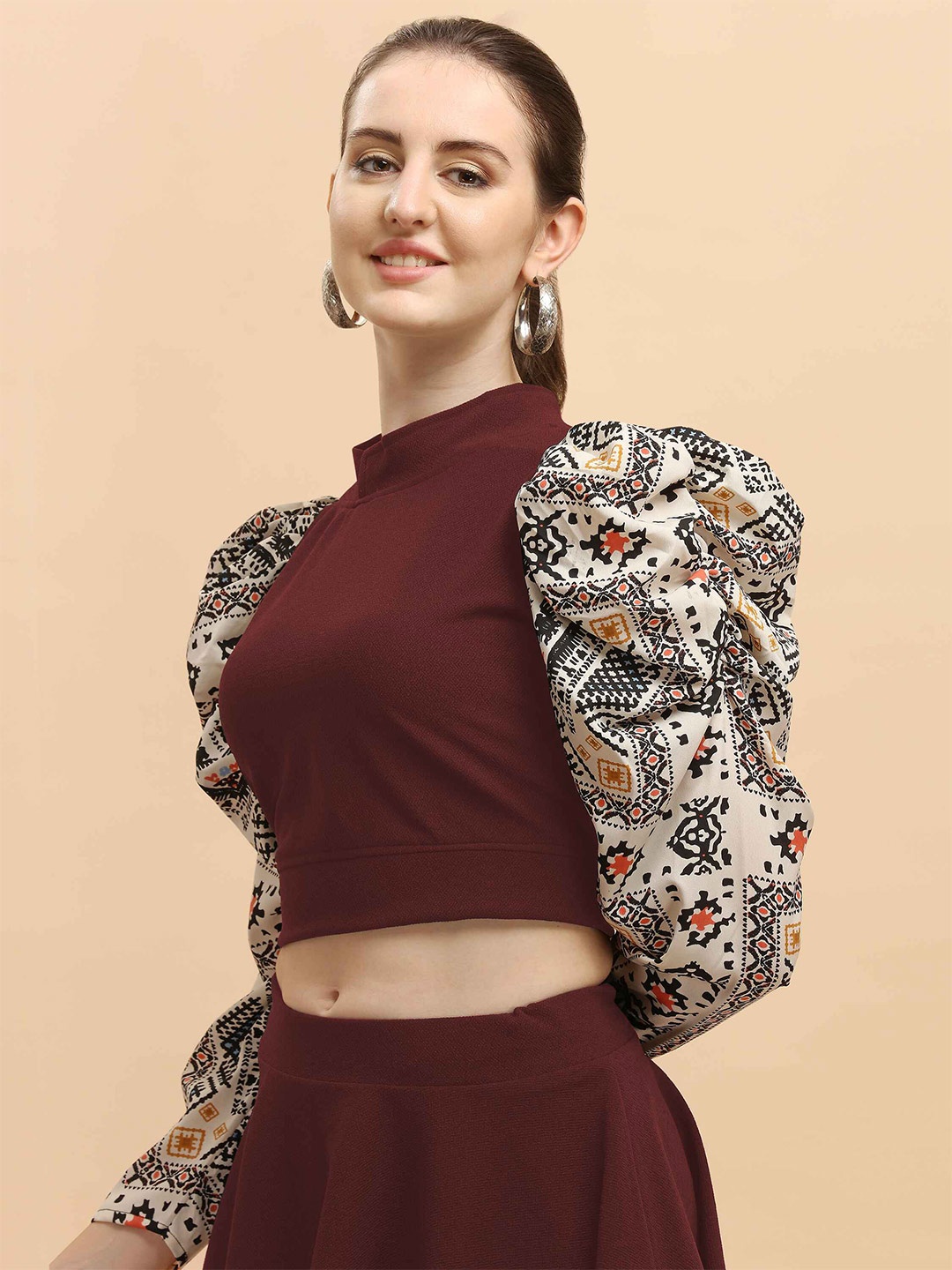 

DL Fashion Ethnic Motifs Printed Puff Sleeve Regular Top, Maroon