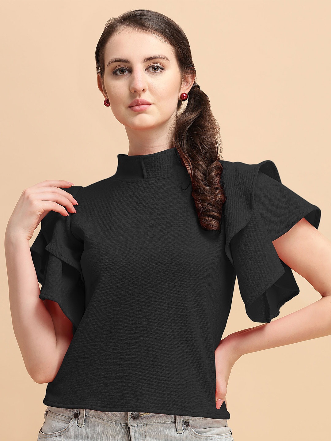 

DL Fashion High Neck Flared Sleeve Top, Black