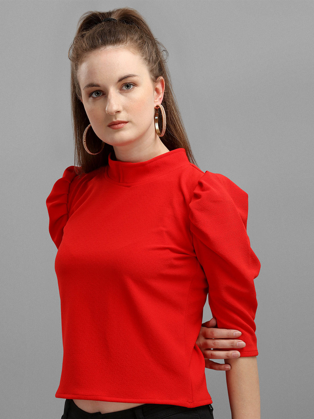 

DL Fashion High Neck Puffed Sleeves Top, Red