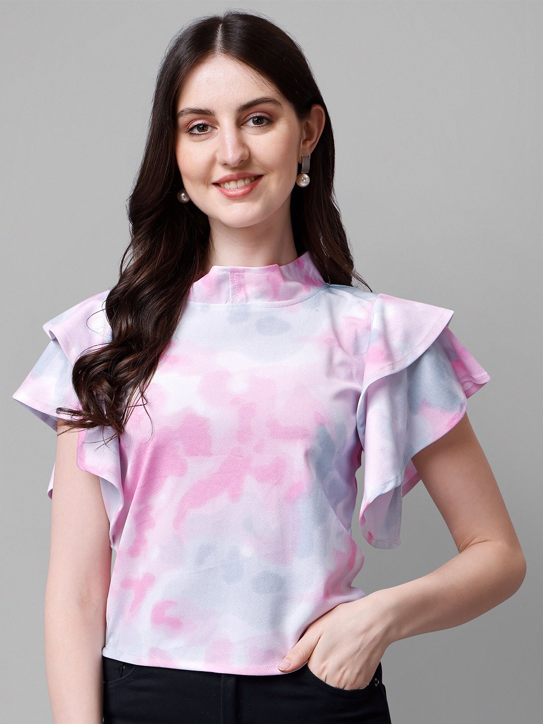 

DL Fashion Tie & Dyed Flutter Sleeves Top, Pink