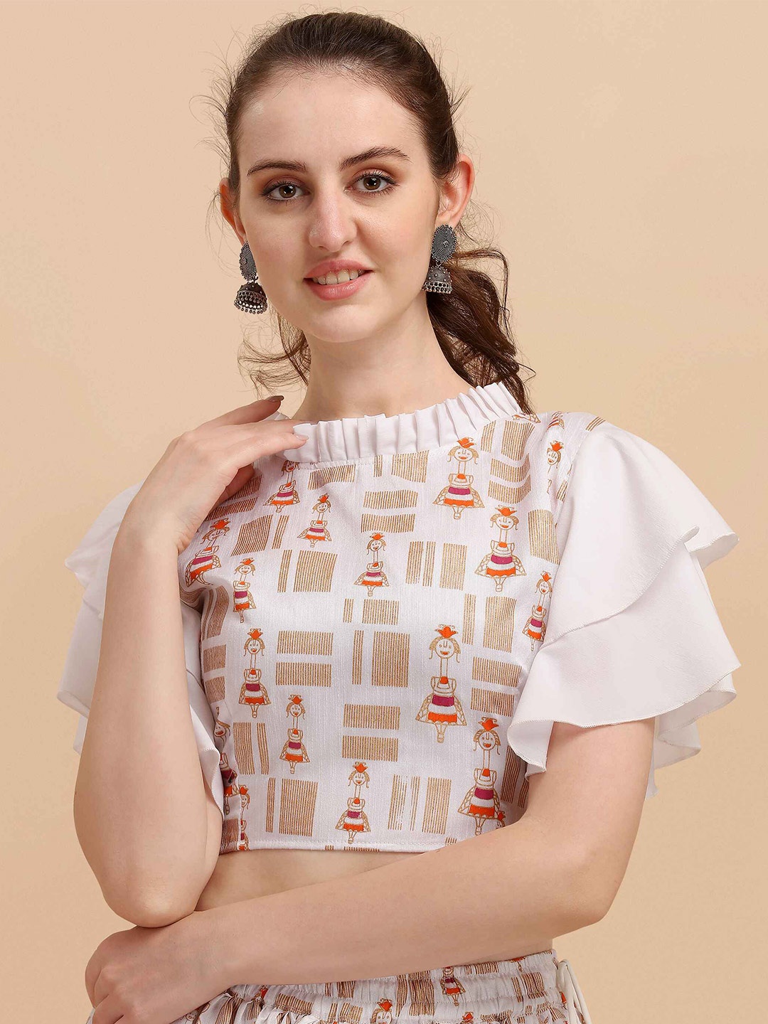 

DL Fashion Conversational Printed Flutter Sleeves Fitted Crop Top, White