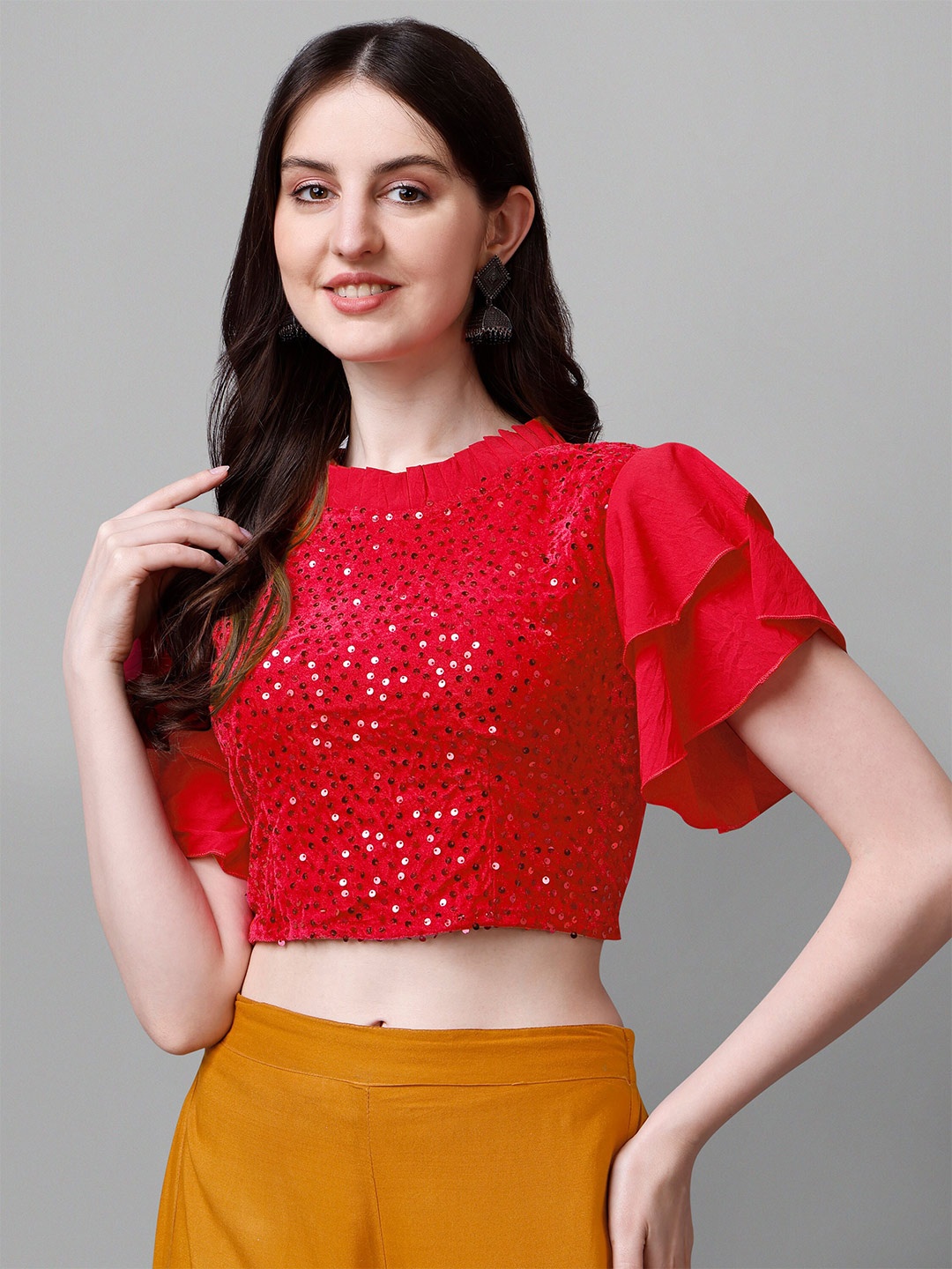 

DL Fashion Embellished Flutter Sleeves High Neck Crop Top, Red