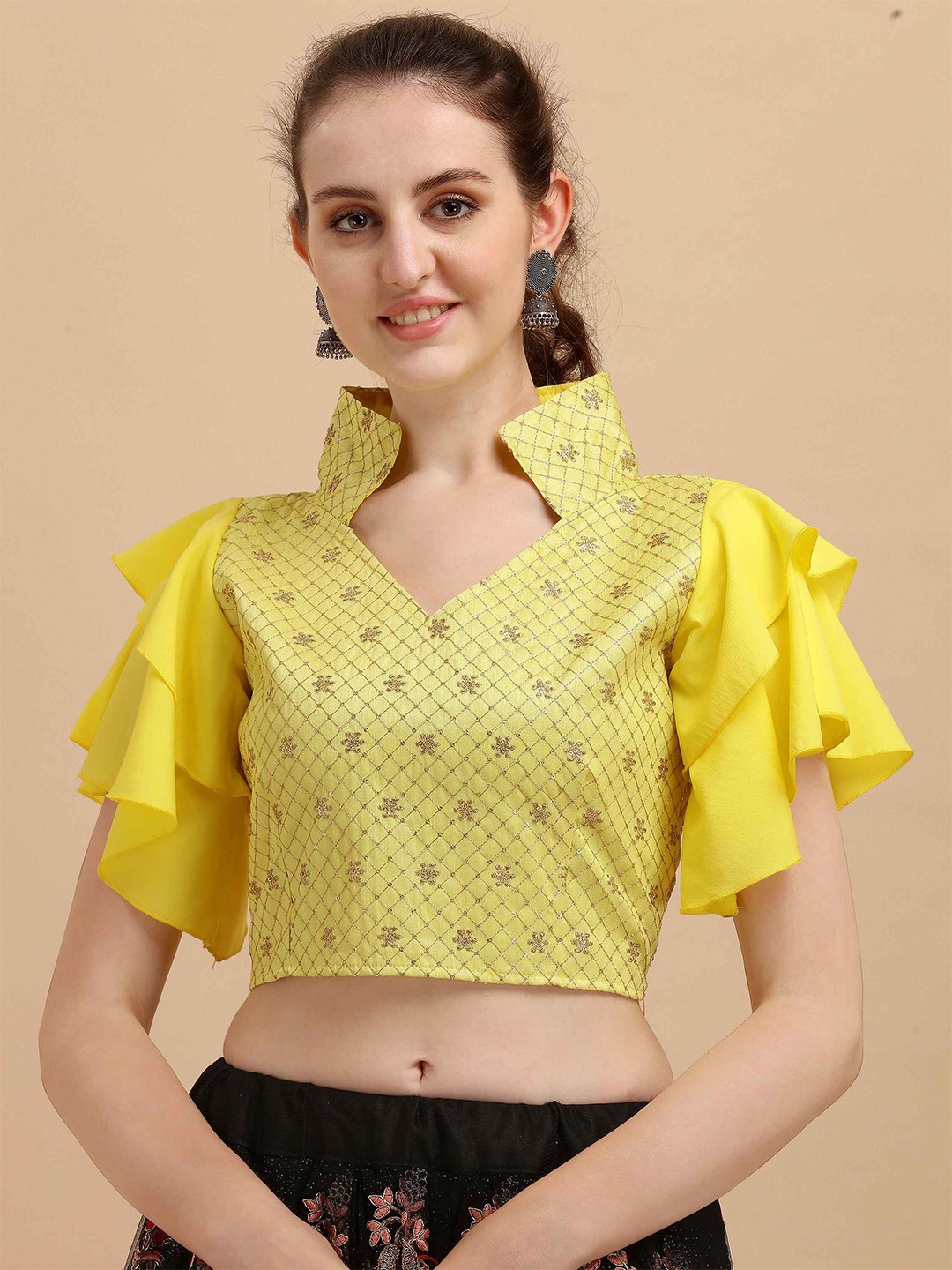 

DL Fashion Floral Embroidered Flutter Sleeve Crop Top, Yellow