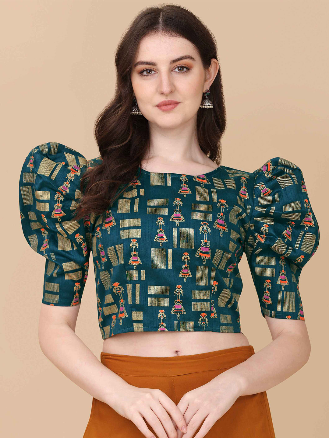 

DL Fashion Ethnic Motifs Printed Puffed Sleeves Crop Top, Turquoise blue