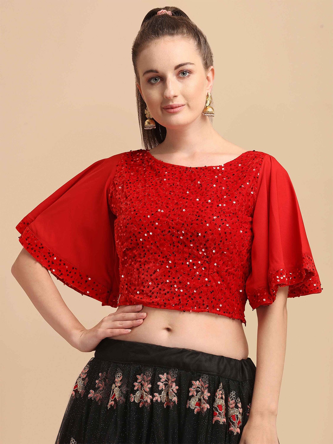 

DL Fashion Embellished Flared Sleeve Crop Top, Red