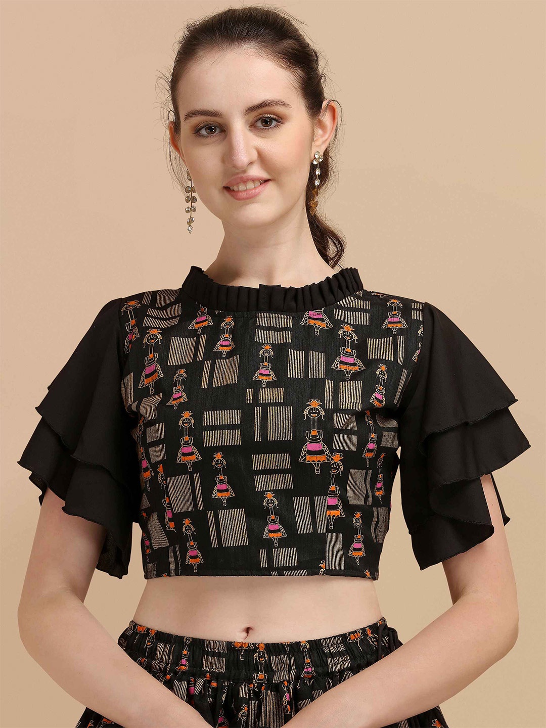 

DL Fashion Printed Flutter Sleeves Crop Top, Black