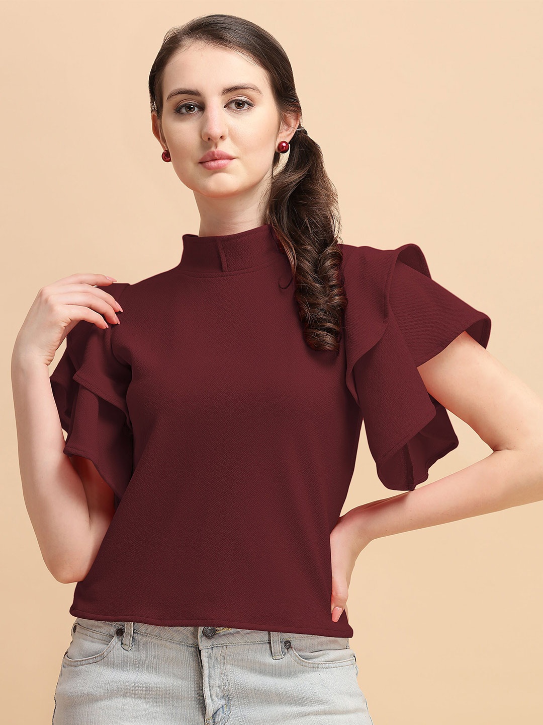 

DL Fashion High Neck Flared Sleeve Top, Maroon
