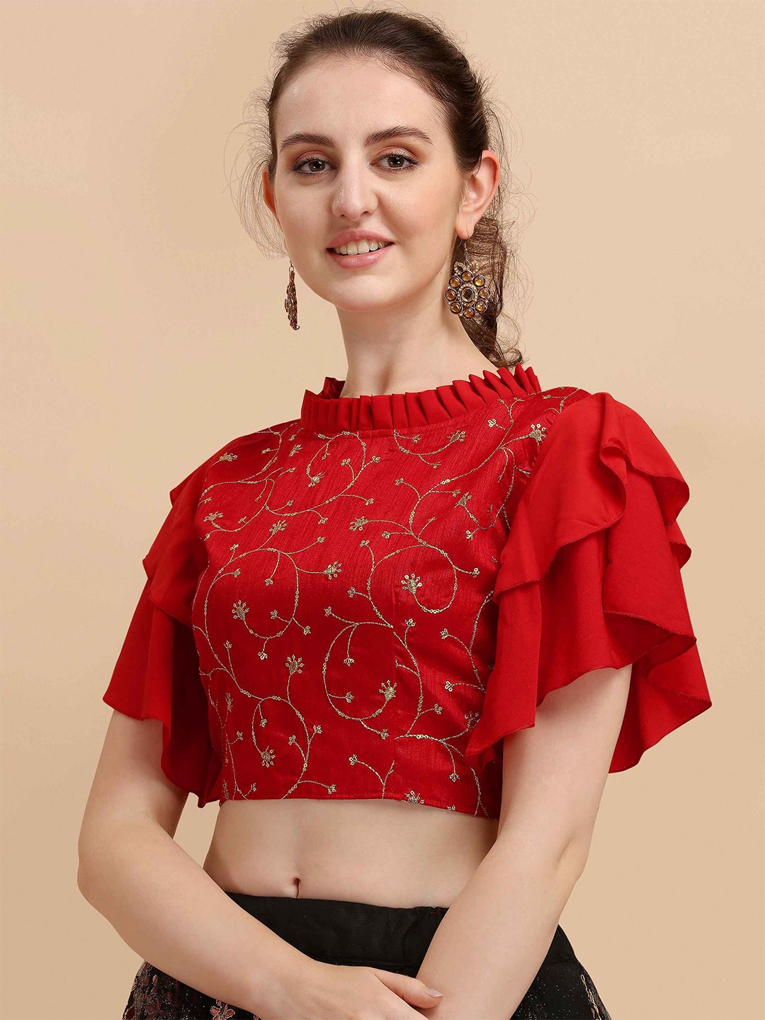 

DL Fashion Floral Sequinned Embroidered Flutter Sleeve Crop Top, Red