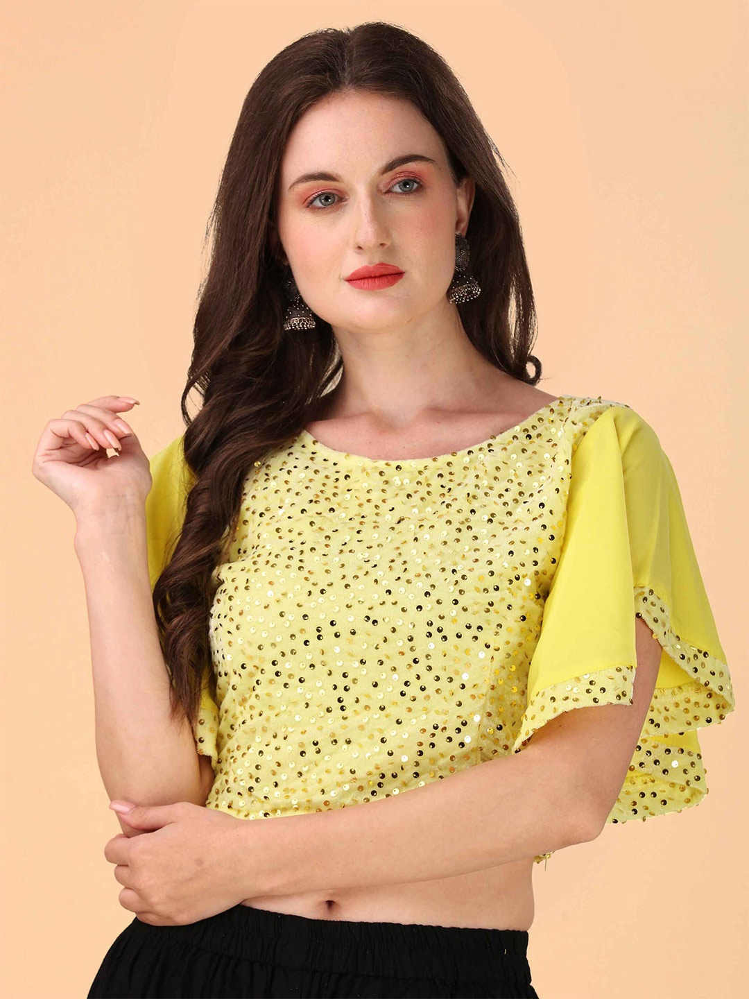 

DL Fashion Embellished Sequinned Flared Sleeves Crop Top, Yellow