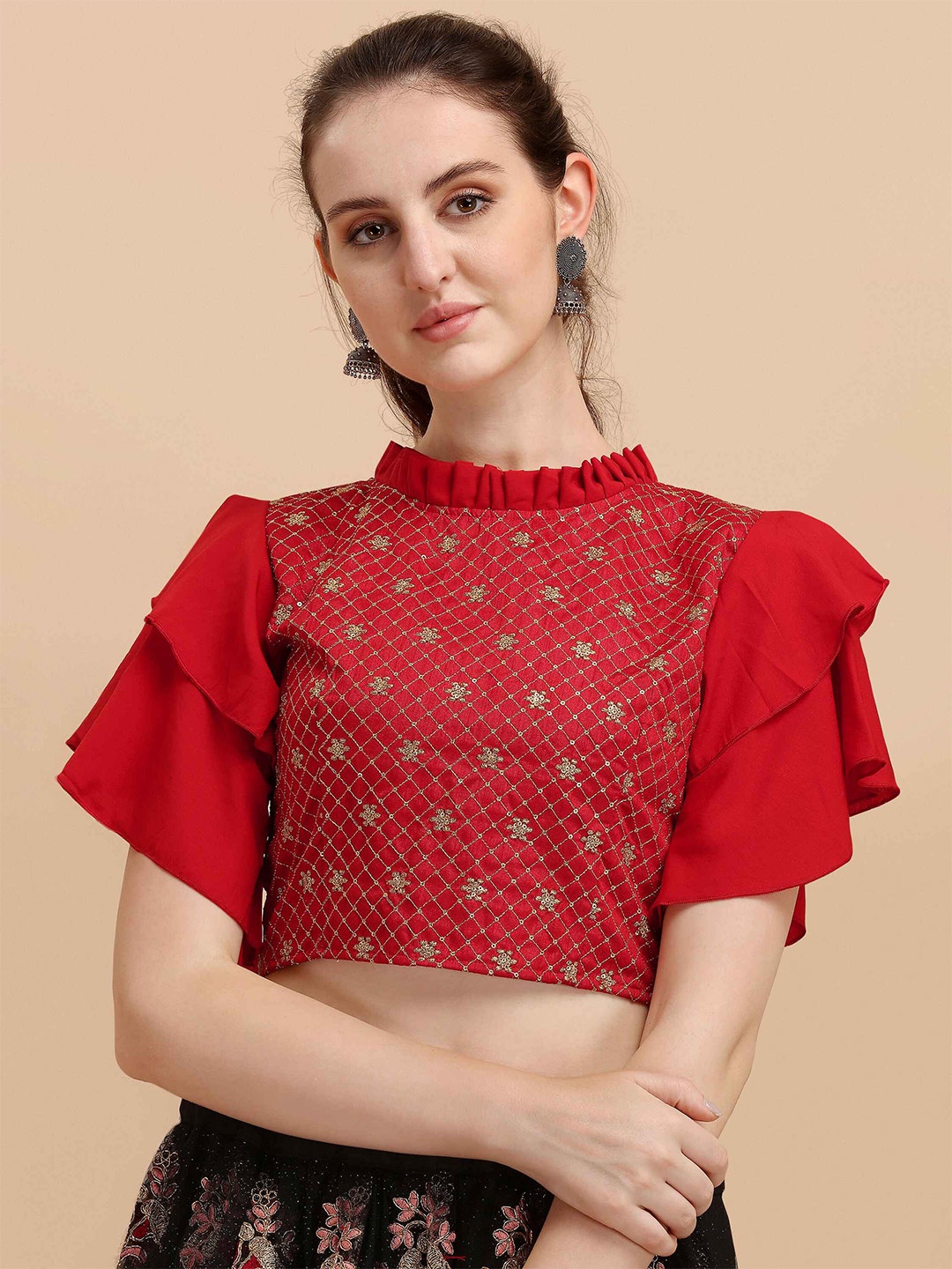 

DL Fashion Floral Embroidered Sequinned Regular Crop Top, Red