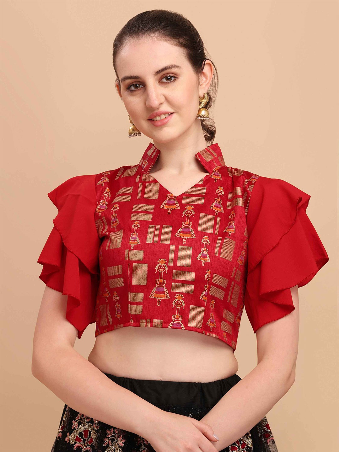 

DL Fashion Printed Flutter Sleeves Crop Top, Red