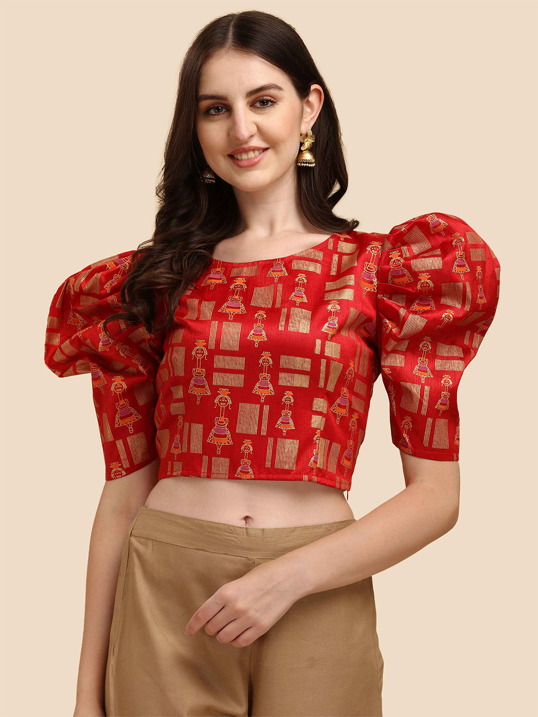 

DL Fashion Floral Print Puff Sleeve Crop Top, Red