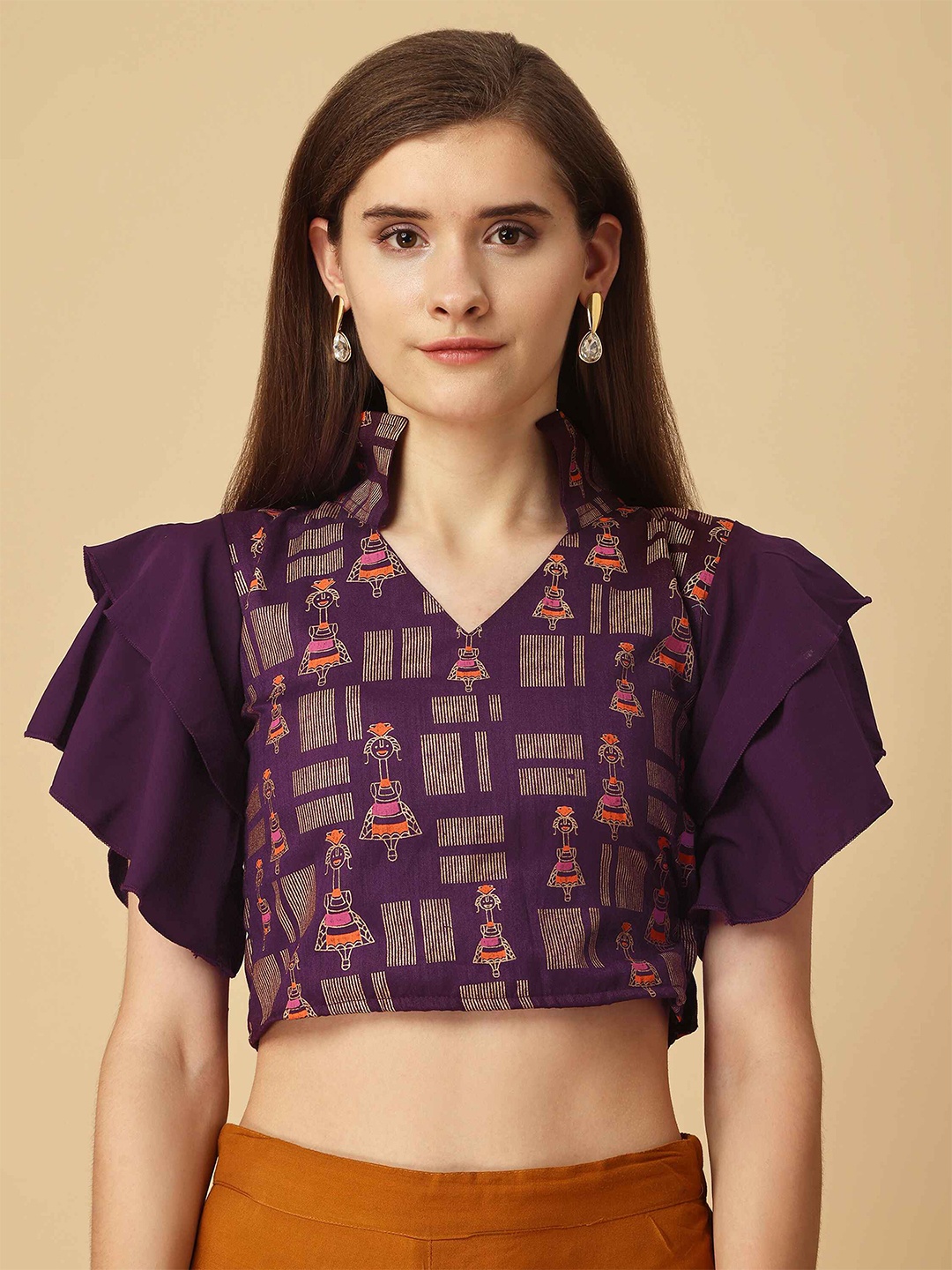 

DL Fashion Ethnic Motifs Printed Flutter Sleeves Crop Top, Purple