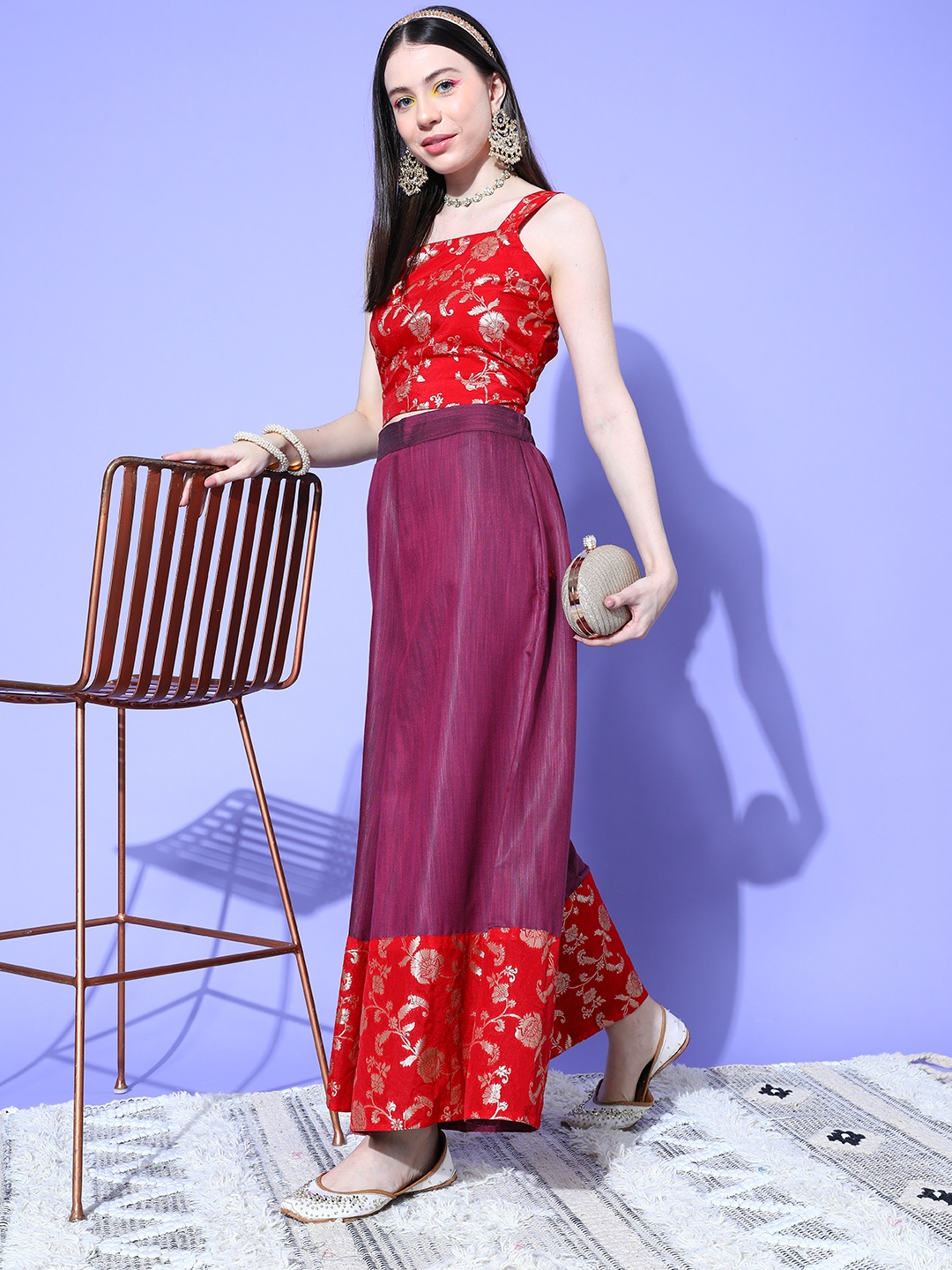 

InWeave Women Floral Brocade Top with Palazzos, Red