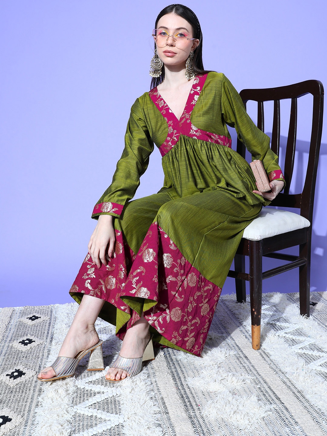 

InWeave Women Brocade Ethnic Top with Palazzos, Olive