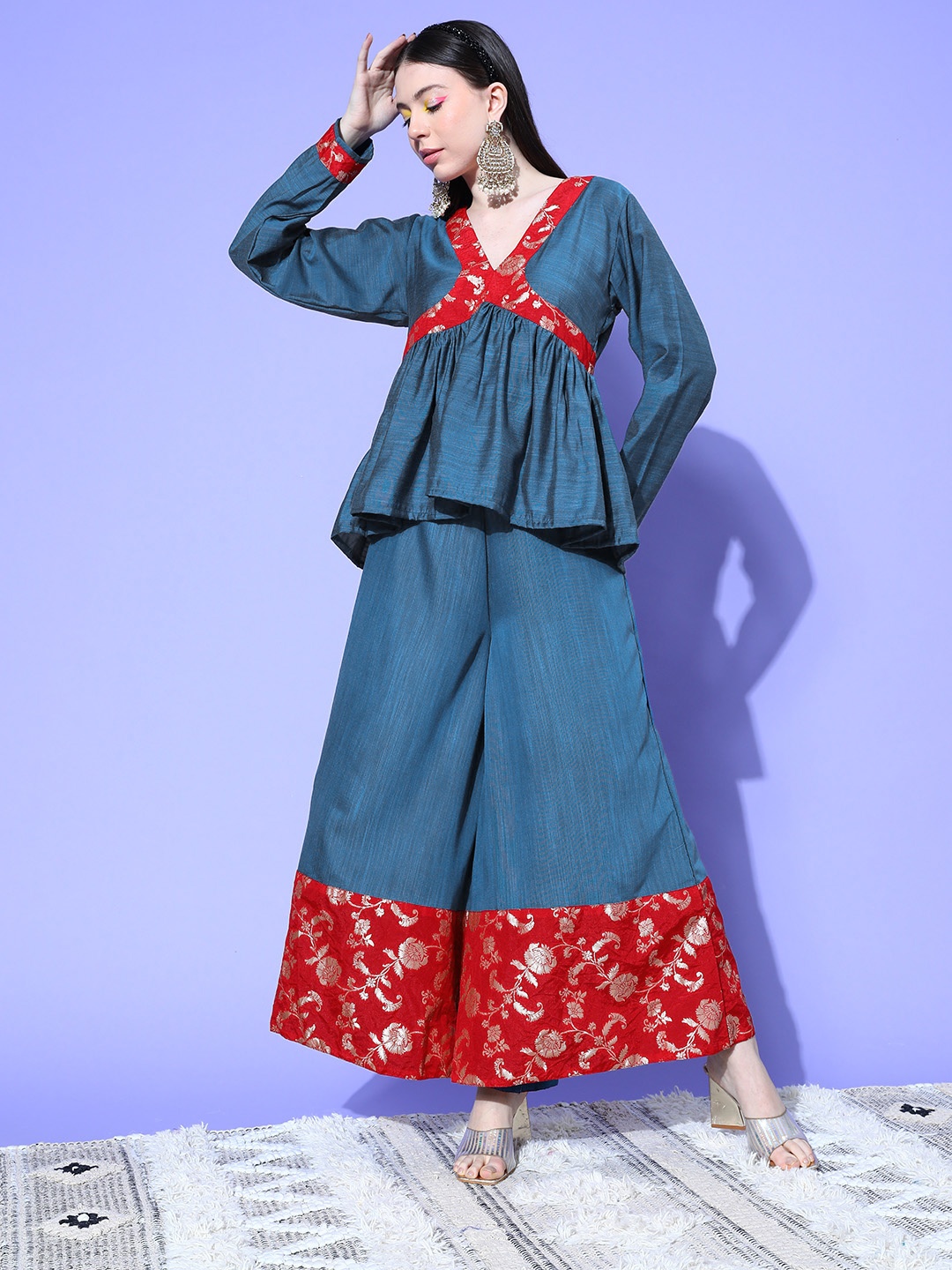 

InWeave Women Brocade Ethnic Top with Palazzos, Teal