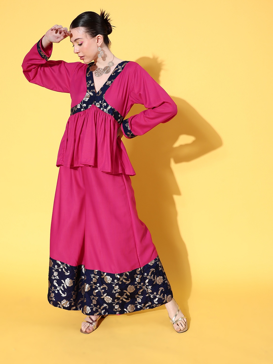 

InWeave Women Brocade Ethnic Top with Palazzos, Fuchsia