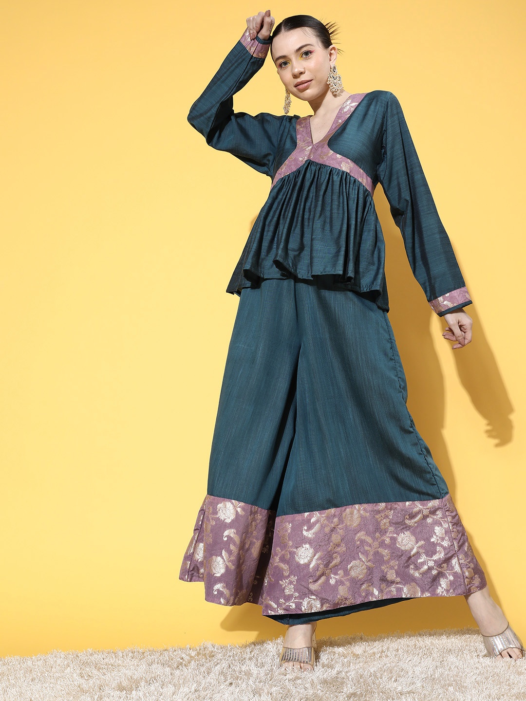 

InWeave Women Brocade Ethnic Top with Palazzos, Teal