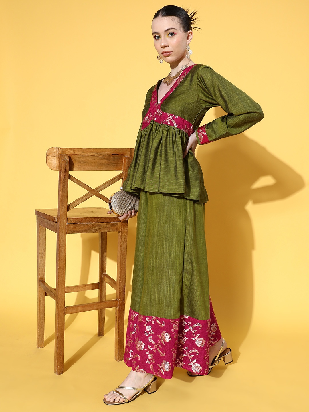 

InWeave Women Brocade Ethnic Top with Palazzos, Olive