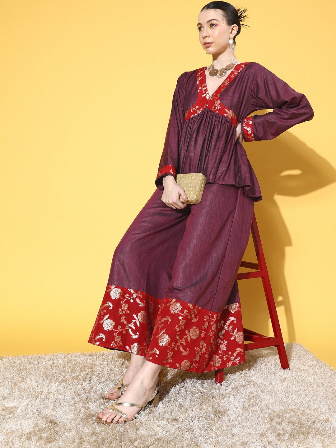 

InWeave Women Brocade Ethnic Top with Palazzos, Purple