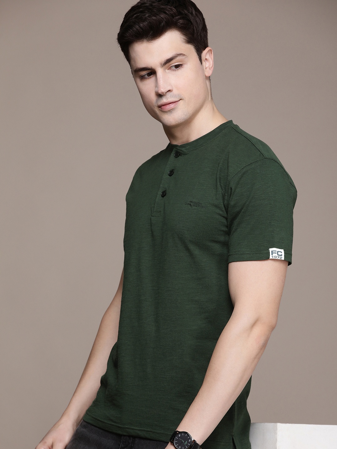 

French Connection Henley Neck Pure Cotton T-shirt, Green