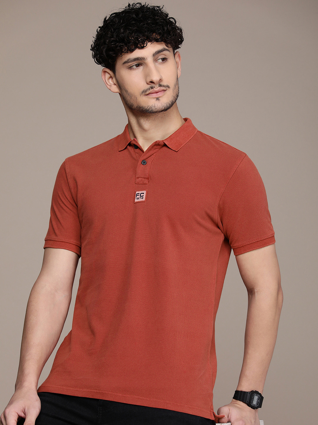 

French Connection Solid Polo Collar Pure Cotton T-shirt, Rust
